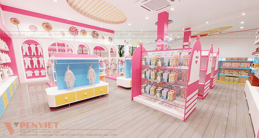 Mẫu thiết kế cửa hàng mẹ và bé gam màu hồng – Nam Định – 150m2