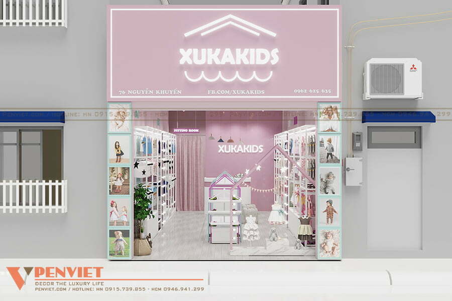 Mặt tiền cửa hàng thời trang trẻ em Xuka Kids dễ thương với gam màu hồng