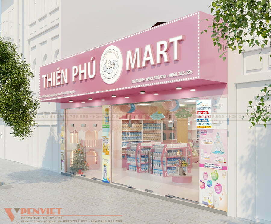 Không gian mặt tiền đồng bộ với nội thất siêu thị mẹ và bé Thiên Phú Mart