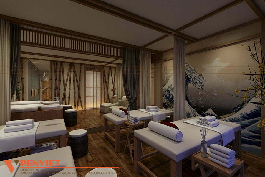 Mẫu thiết kế phòng spa mang phong cách nhật bản, sử dụng những tông màu truyền thống và trang trí bằng các chi tiết phù hợp với phong cách này, mang lại cảm giác yên tĩnh và bình an.