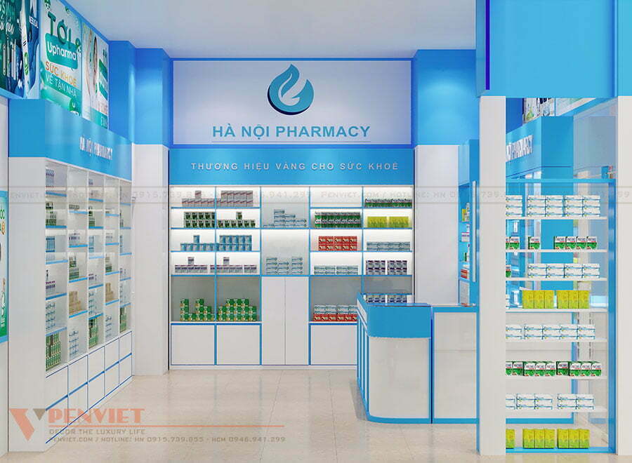Thiết kế nhà thuốc Hà Nội Pharmacy với gam màu xanh dương, trắng dịu mát