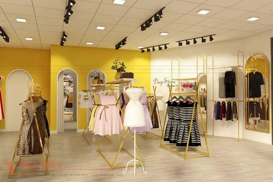 Thiết kế shop thời trang Diệp Store nổi bật với gam màu vàng làm chủ đạo