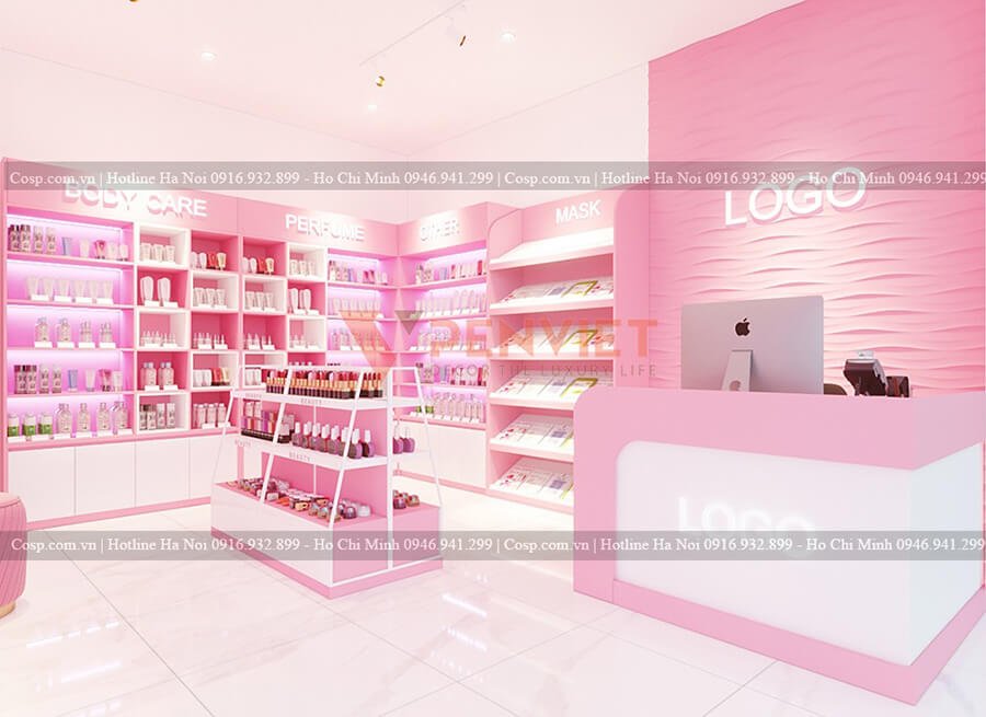 Thiết kế cửa hàng mỹ phẩm hiện đại với gam màu hồng xinh xắn