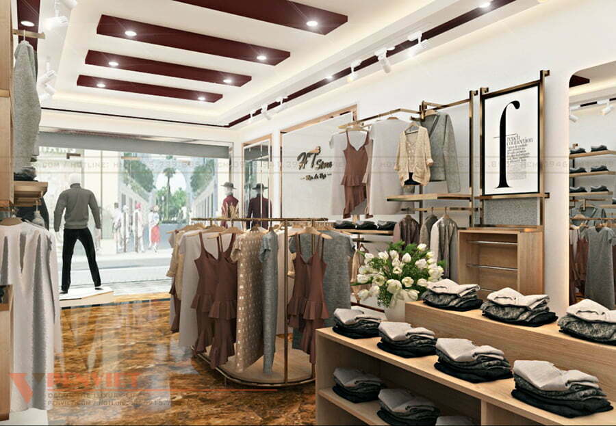 Thiết kế shop thời trang HT Store đẹp với gam màu đỏ, vàng và nâu gỗ làm chủ đạo