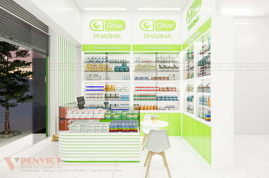 Cửa hàng thuốc Gtue Pharma có thiết kế đơn giản, tinh tế