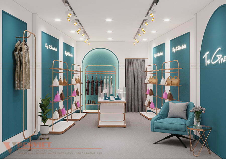 Không gian cửa hàng thời trang Gnartan lựa chọn gam màu xanh dương và trắng làm chủ đạo