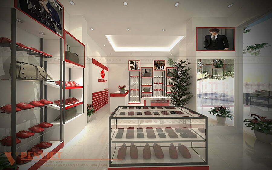 Không gian cửa hàng phụ kiện thời trang nam Babiday nổi bật với gam màu đỏ, trắng
