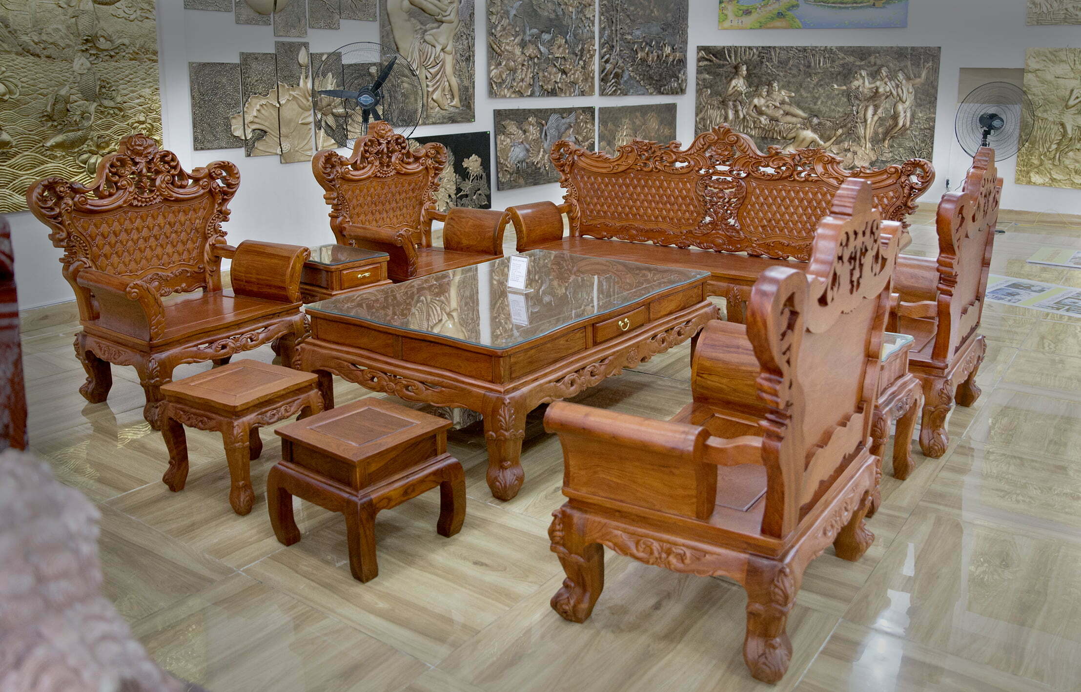 Bộ bàn ghế Hoàng gia gỗ hương đá 9 món