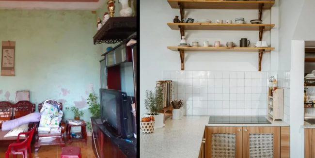 Cải tạo nhà bếp cũ bằng cách sử dụng các đợt gỗ treo tường theo phong cách Hàn Quốc
