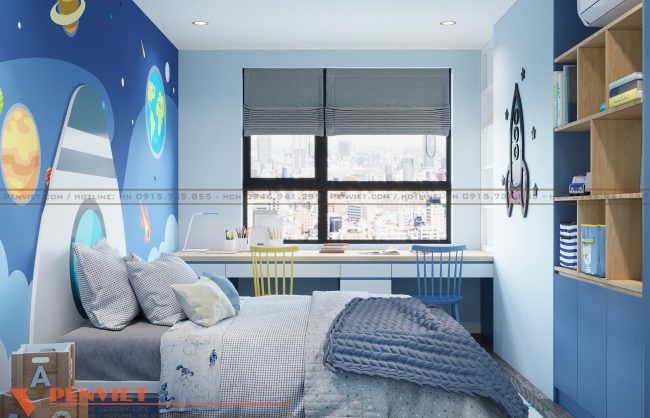 Phòng ngủ bé trai được setup với những họa tiết, màu sắc bắt mắt
