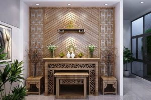 Phòng thờ phong cách hiện đại với bàn thờ đứng gỗ Xoan