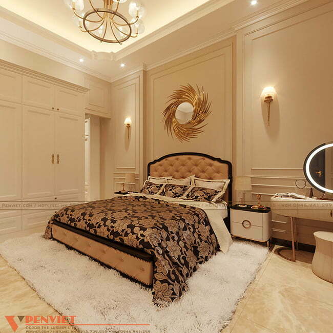 Thiết kế nội thất phòng ngủ sang trọng, đầy đủ tiện nghi theo phong cách tân cổ điển