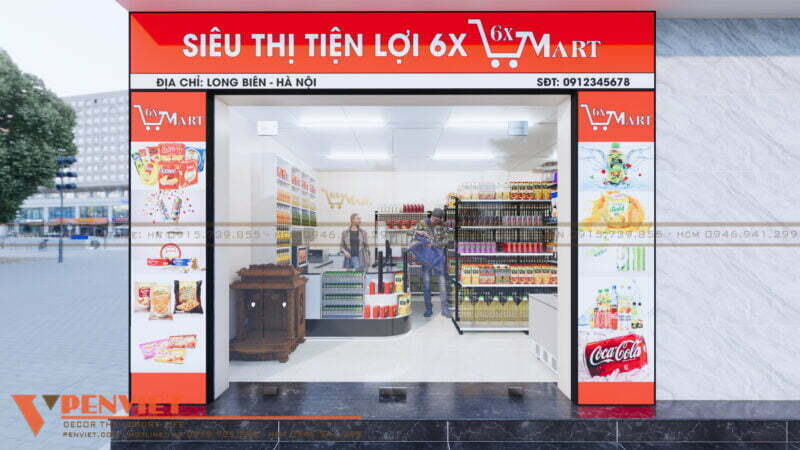 Mặt tiền siêu thị được thiết kế hiện đại, nổi bật với gam màu đỏ