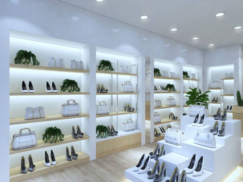 Màu sắc trang nhã trong mẫu thiết kế cửa hàng giày dép túi xách 