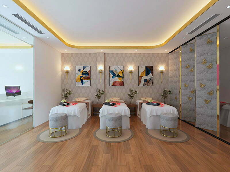 Thiết kế spa hiện đại thường lựa chọn tông màu trung tính như màu trắng, xám và beige thường được sử dụng để tạo nên không gian tinh tế, thoải mái và sang trọng.