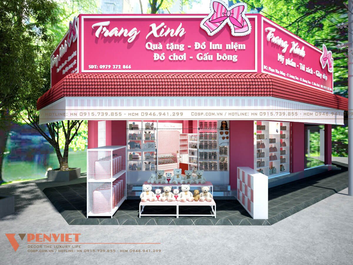 Mẫu thiết kế nội thất shop phụ kiện Trang Xinh màu hồng